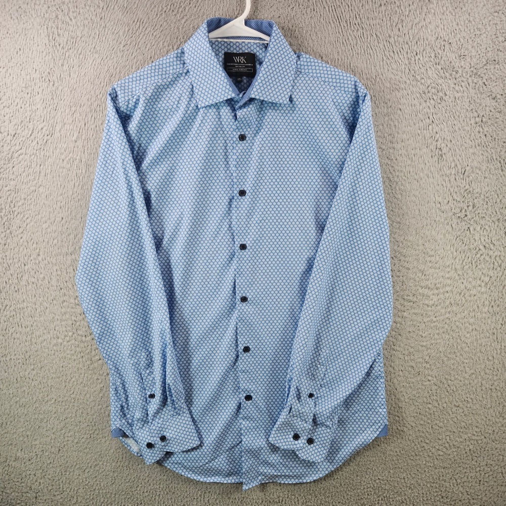 WRK‎ Mens Light Blue Geometric Print Button Down Shirt Size 15.5  4 Way Stretch